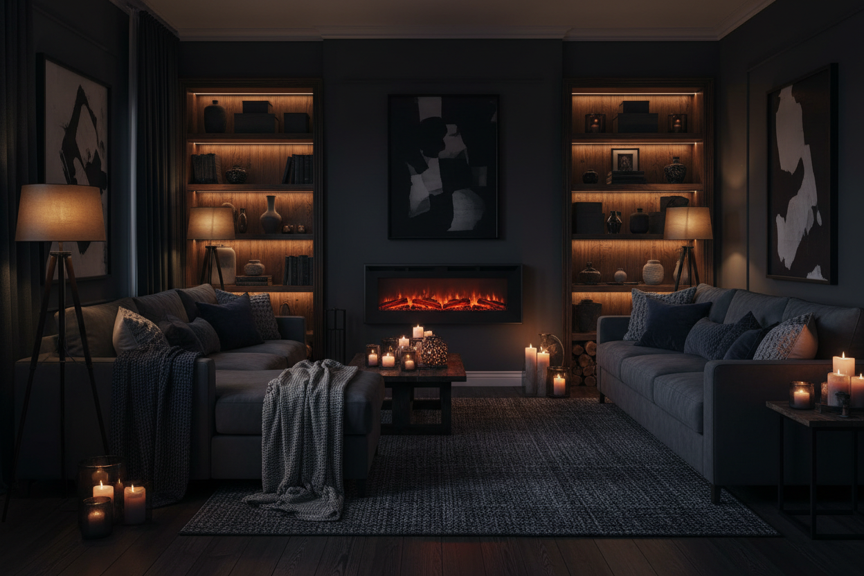 dark themed cosy living room with heater in the center