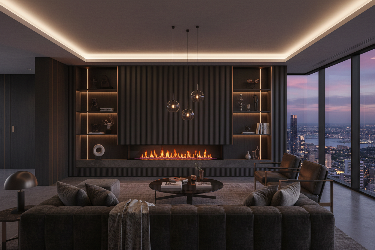 Dark themed living room space with beautiful view & heater