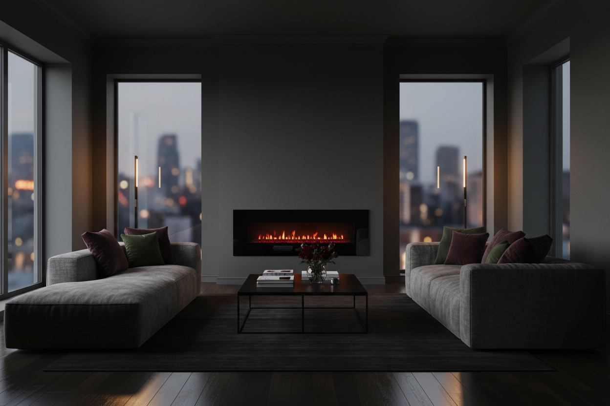 living room with heater in dark tone